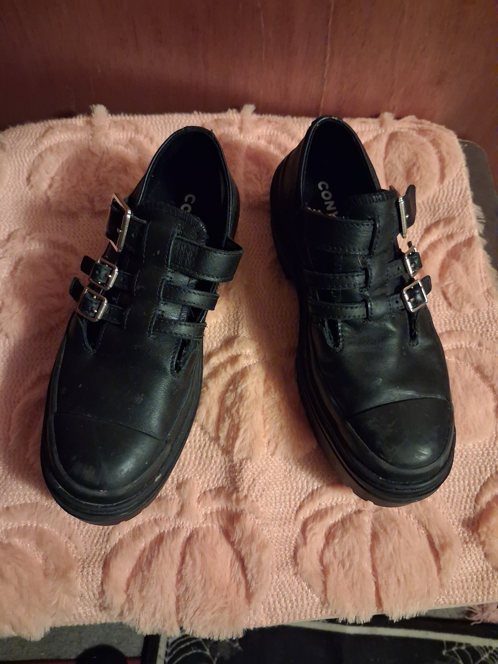 Converse Black Leather Triple-Buckle Flats
